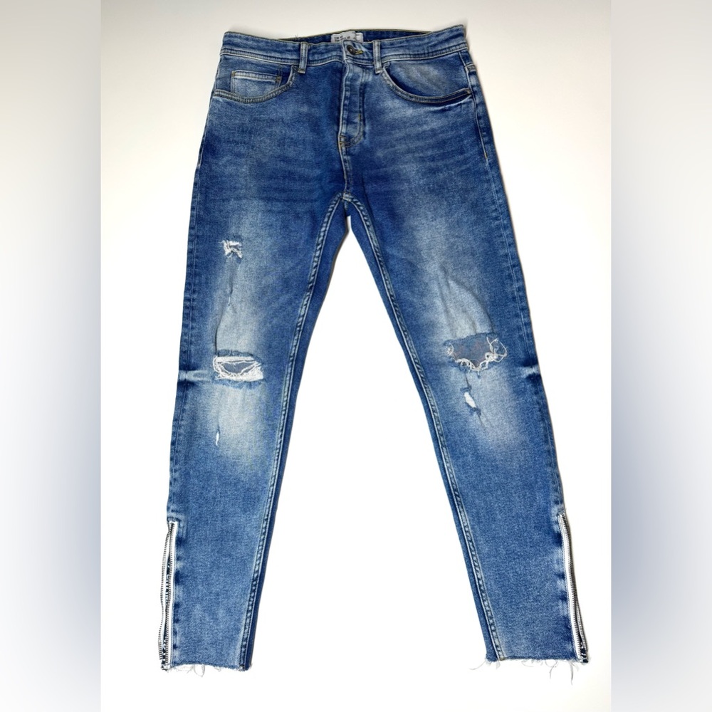 Zara Men's Skinny Ripped Blue Jeans